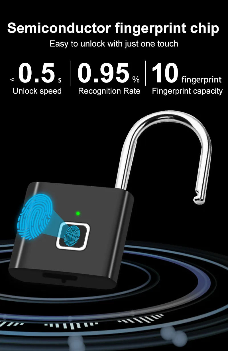 Outdoor Waterproof Smart padlock Keyless Fingerprint Lock Finger Print Metal Door Lock USB Rechargeable Quick unlock Zinc Alloy