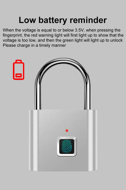 Outdoor Waterproof Smart padlock Keyless Fingerprint Lock Finger Print Metal Door Lock USB Rechargeable Quick unlock Zinc Alloy