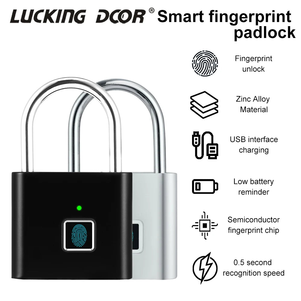 Outdoor Waterproof Smart padlock Keyless Fingerprint Lock Finger Print Metal Door Lock USB Rechargeable Quick unlock Zinc Alloy