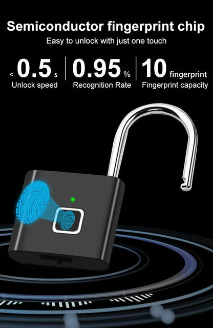 Outdoor Waterproof Smart padlock Keyless Fingerprint Lock Finger Print Metal Door Lock USB Rechargeable Quick unlock Zinc Alloy