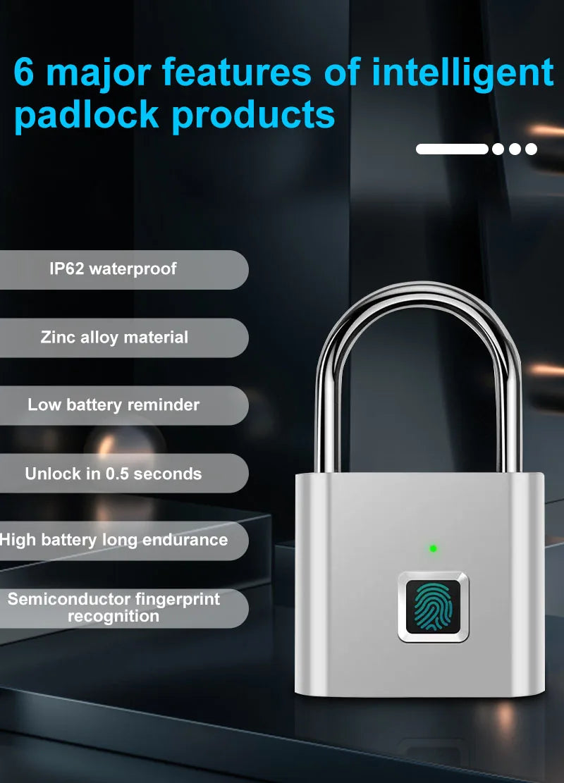 Outdoor Waterproof Smart padlock Keyless Fingerprint Lock Finger Print Metal Door Lock USB Rechargeable Quick unlock Zinc Alloy